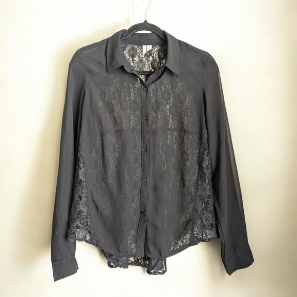 Frenchi Black Sheer Lace Button Up Blouse - Picture 6 of 6
